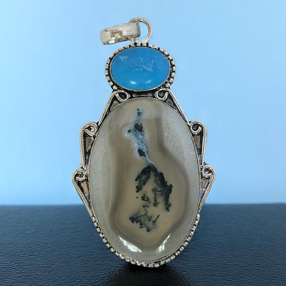 Dendritic Agate Pendant with Blue Accent – Sterling Silver Handmade Necklace
